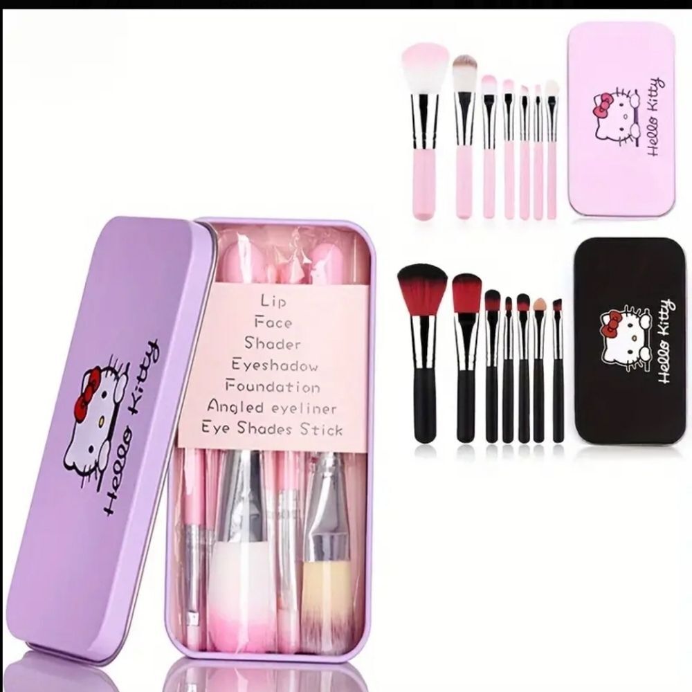 purple Hello Kitty tin makeup application brushes
